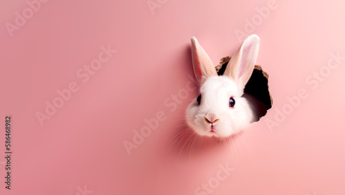 Cute rabbit peeking out of a hole from pink wall. easter bunny banner, fluffy eared bunny, bunny jump out torn hole, Happy Easter celebration, spring, seasonal, festival, event. Generative AI © THE STARBOY94
