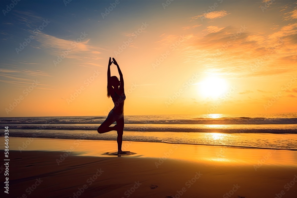 A woman doing yoga on a serene beach at sunrise. Generative AI