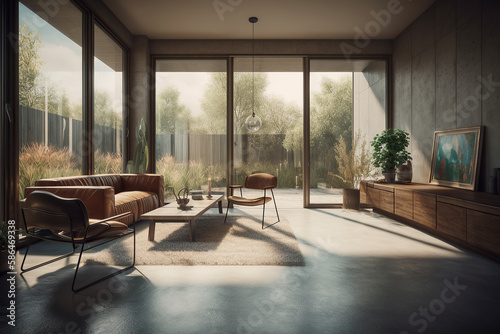 Contemporary Panorama. Photorealistic Interior Perspective of a Modern House with Glass Walls and Panoramic Nature View. Sleek Design AI Generative.  © Mr. Bolota