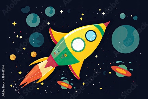 A cartoon-style spaceship flying through space with colorful stars in the background. Generative AI © Canvas Curator
