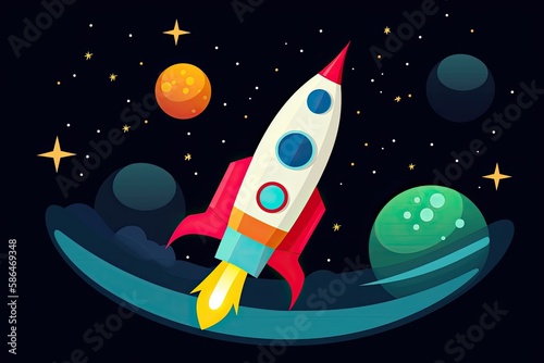 Vector-style rocket flying through space with colorful stars in the background. Generative AI