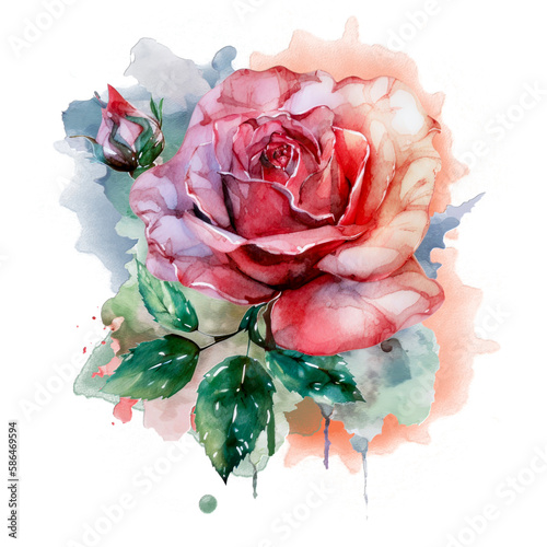 Beautiful watercolor rose on transparent background. Pink and red rose flower for mother day and valentines day postcards and greeting cards. Generative AI.