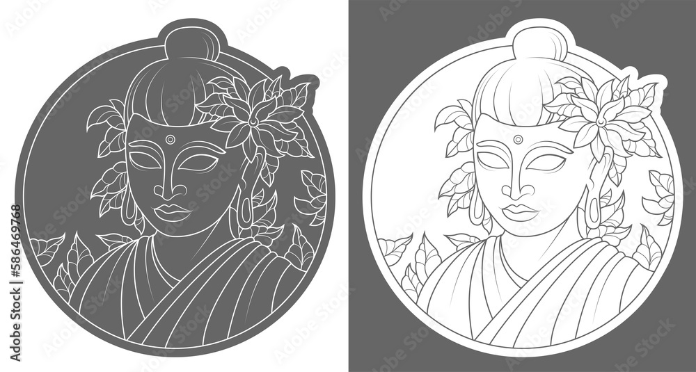 Outline drawing. Buddha on a dark and light background. Meditation. Enlightenment. Sticker.