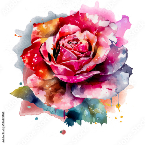 Beautiful watercolor rose on transparent background. Pink and red rose flower for mother day and valentines day postcards and greeting cards. Generative AI.