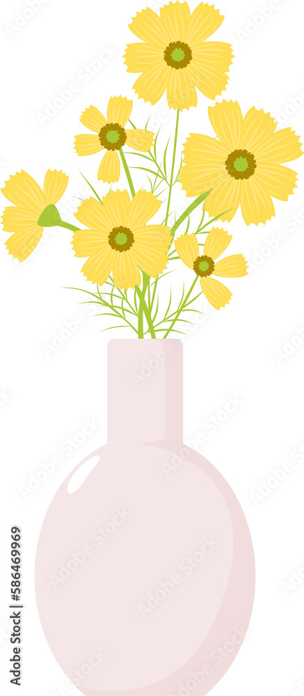 Yellow cosmos flower in pale pink vase. Flat design.