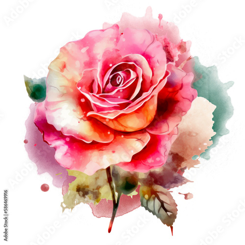 Beautiful watercolor rose on transparent background. Pink and red rose flower for mother day and valentines day postcards and greeting cards. Generative AI.