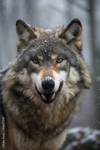 Wild Encounter  Iberian Wolf Roaming Through Snowy Forest - AI Generative