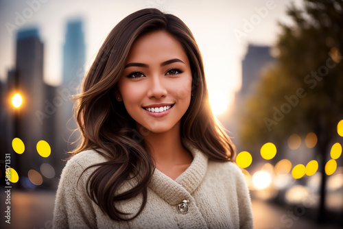 Beautiful woman on the background of the lights of the night city. Generative AI