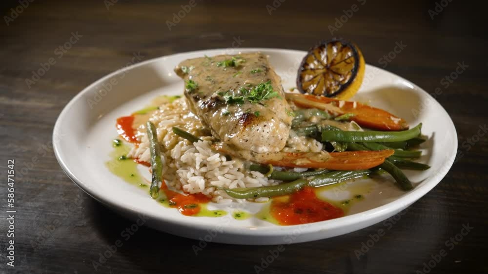 White wine garlic lemon poached white fish with rice pilaf and roasted carrots and green beans, slider 4K White wine garlic lemon poached white fish with rice pilaf and roasted carrots and green beans, slider 4K