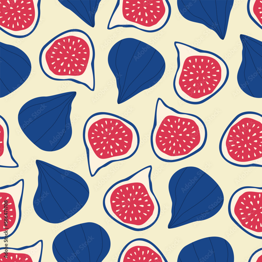 Naklejka premium Fig fruit hand drawn vector illustration. Colorful summer seamless pattern for kids fabric or wallpaper.