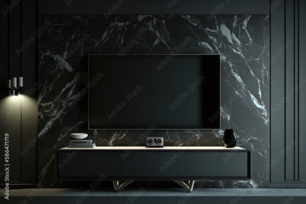 A flatscreen television installed on the wall opposite an allblack