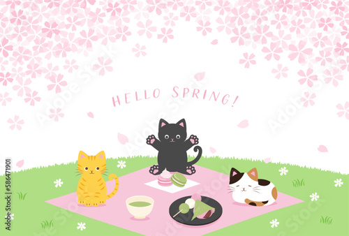 spring vector background with cats having a Cherry blossom viewing party on a green field for banners, cards, flyers, social media wallpapers, etc.