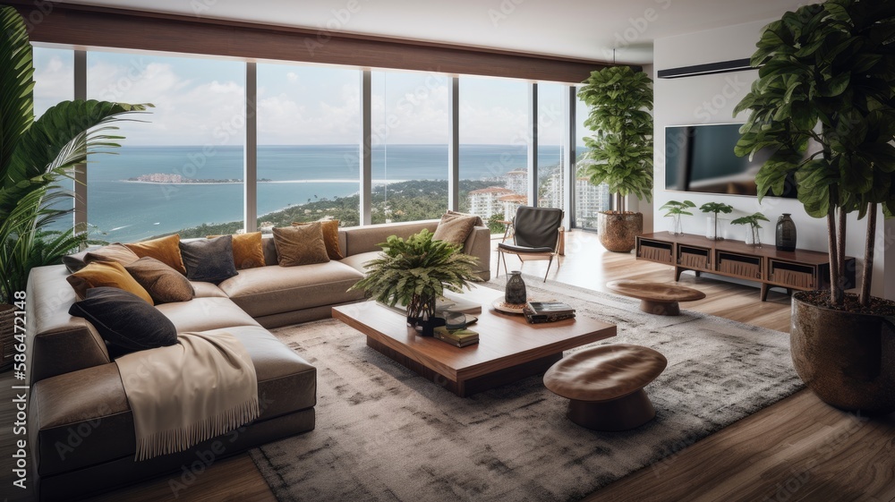 Modern living room interior, windows overlooking the Sea at sunset. Showcase the elegant design, comfortable seating, and stylish decor. Generative AI Technology Modern living room interior, windows overlooking the Sea at sunset. Showcase the elegant design, comfortable seating, and stylish decor. Generative AI Technology