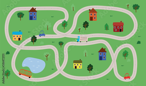 Vector illustration of childrens game city town. Cartoon houses with trees, green grass and a lake. Car paths with moving buses and cars. Cozy area to relax. Childrens pattern.
