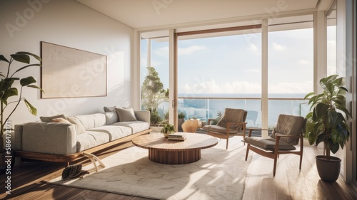 Modern living room interior, windows overlooking the Sea at sunset. Showcase the elegant design, comfortable seating, and stylish decor. Generative AI Technology  © Dniel