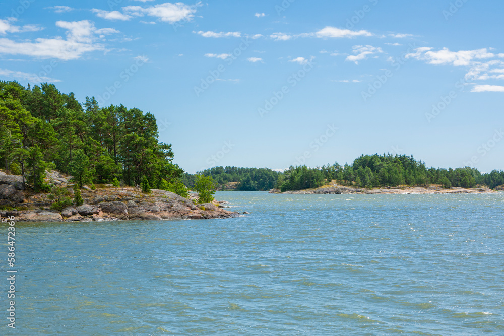 Rocky coastal view and Gulf of Finland, trees, shore and sea, Kopparnas-Klobbacka area, Finland