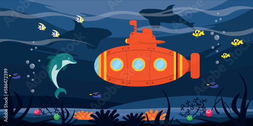 Vector illustration of a submarine diving into the depths of the ocean. View from the local flora and fauna. Dolphin,fish. coral sponges and anemones. Immersion of the bathyscaphe in the deep sea.