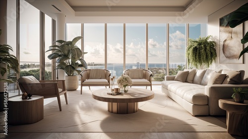 Modern living room interior, windows overlooking the Sea at sunset. Showcase the elegant design, comfortable seating, and stylish decor. Generative AI Technology 