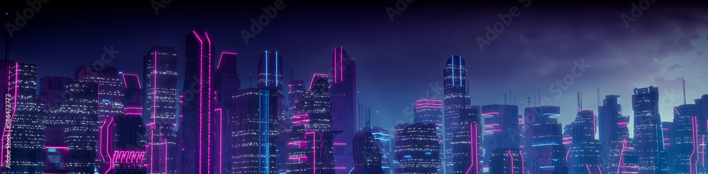 Futuristic Cityscape with Blue and Pink Neon lights. Night scene with Futuristic Skyscrapers. Futuristic Cityscape with Blue and Pink Neon lights. Night scene with Futuristic Skyscrapers.