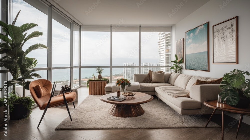 Modern living room interior, windows overlooking the Sea at sunset. Showcase the elegant design, comfortable seating, and stylish decor. Generative AI Technology Modern living room interior, windows overlooking the Sea at sunset. Showcase the elegant design, comfortable seating, and stylish decor. Generative AI Technology