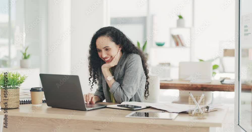 Business woman, laptop and celebrate in office with fist for winning, crypto profit and success at desk. Happy, excited winner and computer in workplace for fintech trading, promotion and competition Business woman, laptop and celebrate in office with fist for winning, crypto profit and success at desk. Happy, excited winner and computer in workplace for fintech trading, promotion and competition