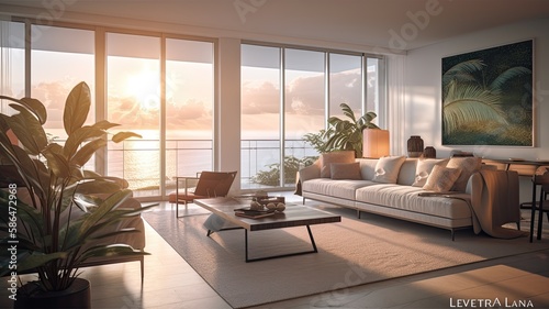 Modern living room interior  windows overlooking the Sea at sunset. Showcase the elegant design  comfortable seating  and stylish decor. Generative AI Technology 