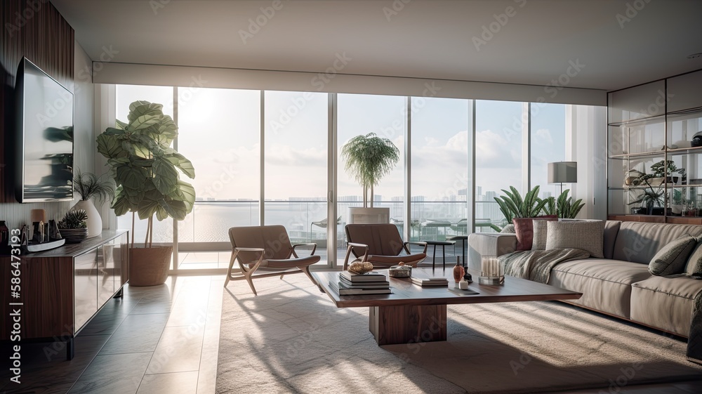 Fototapeta premium Modern living room interior, windows overlooking the Sea at sunset. Showcase the elegant design, comfortable seating, and stylish decor. Generative AI Technology 
