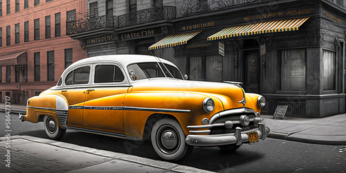 A colorful photograph of a busy street in 1950s New York, with multiple yellow taxis - Generative AI