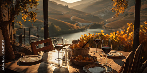 Gastronomic Experiences in Portugal: Tasting the Best Port Wine with a Breathtaking View Over the Douro Valley - AI Generative photo