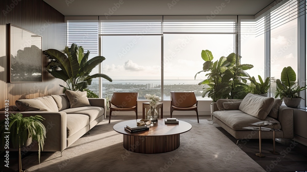 Modern living room interior, windows overlooking the Sea at sunset. Showcase the elegant design, comfortable seating, and stylish decor. Generative AI Technology Modern living room interior, windows overlooking the Sea at sunset. Showcase the elegant design, comfortable seating, and stylish decor. Generative AI Technology