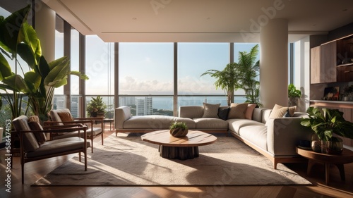 Modern living room interior, windows overlooking the Sea at sunset. Showcase the elegant design, comfortable seating, and stylish decor. Generative AI Technology  © Dniel