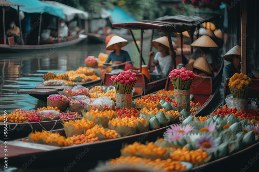 Colorful and Chaotic Thai Waterways: Explore the Vibrant World of the Traditional Floating Market, Fresh Products, Food, and Handicrafts - AI Generative