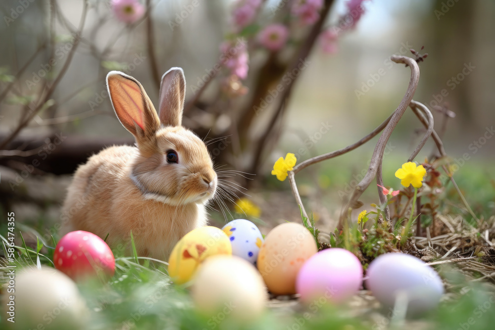 Easter bunny with easter eggs, generative ai