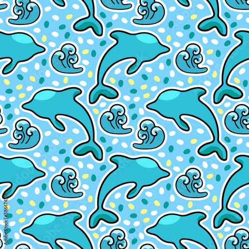 Marine pattern with a dolphin, vacation, vector seamless pattern in the style of doodles, hand draw