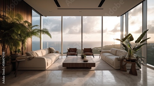 Modern living room interior, windows overlooking the Sea at sunset. Showcase the elegant design, comfortable seating, and stylish decor. Generative AI Technology 