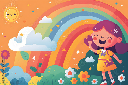 Illustration of nature and rainbow for international children's day with place for text. With Generative AI tehnology.