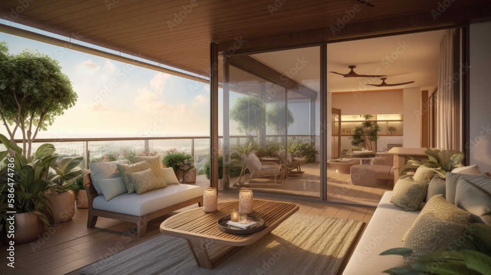 Fototapeta premium interior design concept condominium penthouse living area with wooden balcony and stunning view of city garden beautiful sky, image ai generate