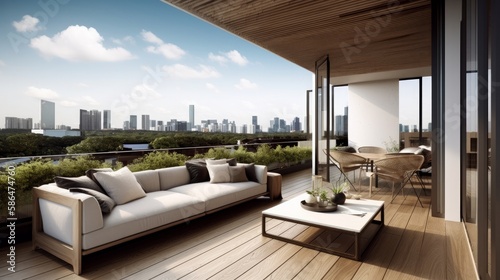 interior design concept condominium penthouse living area with wooden balcony and stunning view of city garden beautiful sky  image ai generate