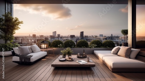 interior design concept condominium penthouse living area with wooden balcony and stunning view of city garden beautiful sky  image ai generate