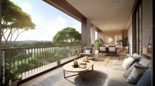 interior design concept condominium penthouse living area with wooden balcony and stunning view of city garden beautiful sky, image ai generate © VERTEX SPACE