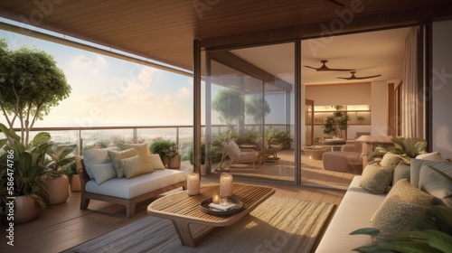 interior design concept condominium penthouse living area with wooden balcony and stunning view of city garden beautiful sky, image ai generate © VERTEX SPACE
