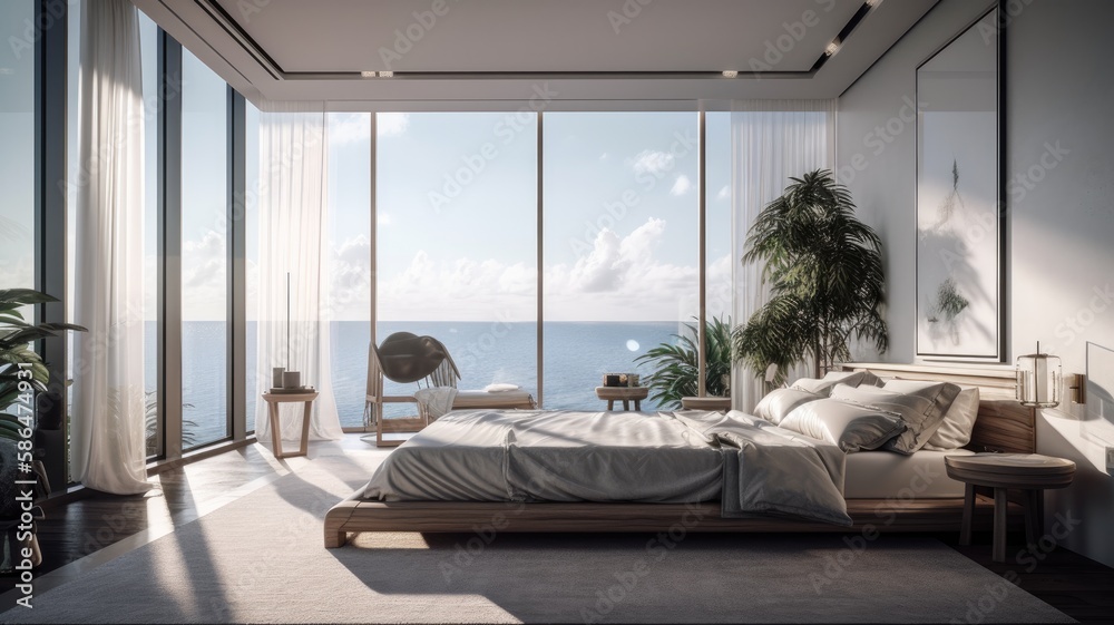 Modern bedroom interior, windows overlooking the infinity Sea. Generative AI Technology Modern bedroom interior, windows overlooking the infinity Sea. Generative AI Technology