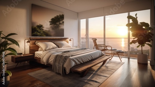 Modern bedroom interior, windows overlooking the infinity Sea. Generative AI Technology © Dniel