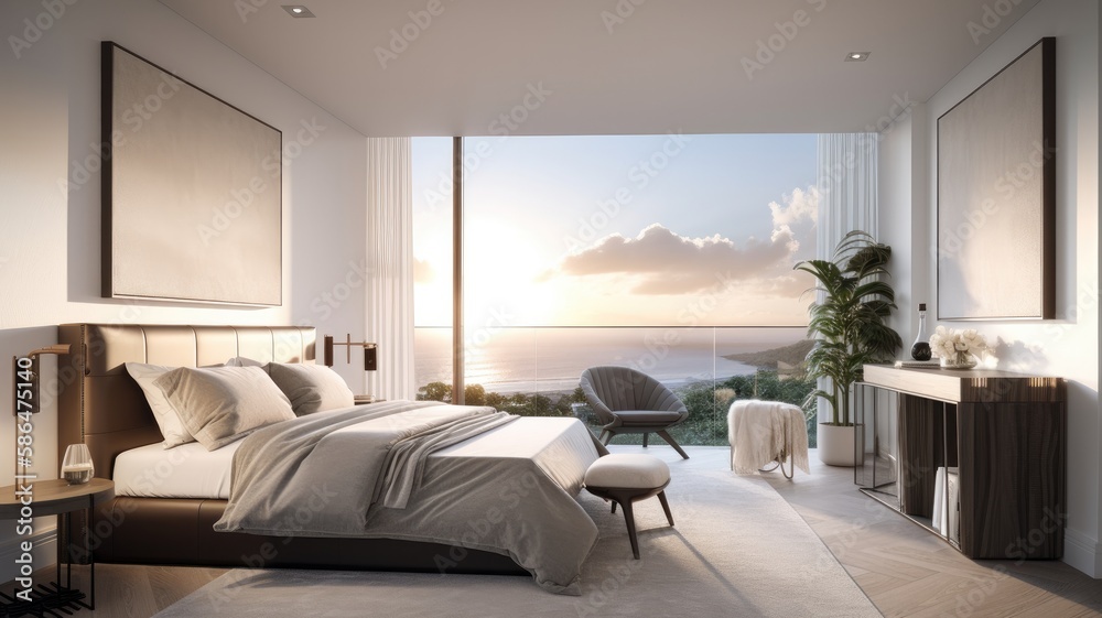 Modern bedroom interior, windows overlooking the infinity Sea. Generative AI Technology Modern bedroom interior, windows overlooking the infinity Sea. Generative AI Technology