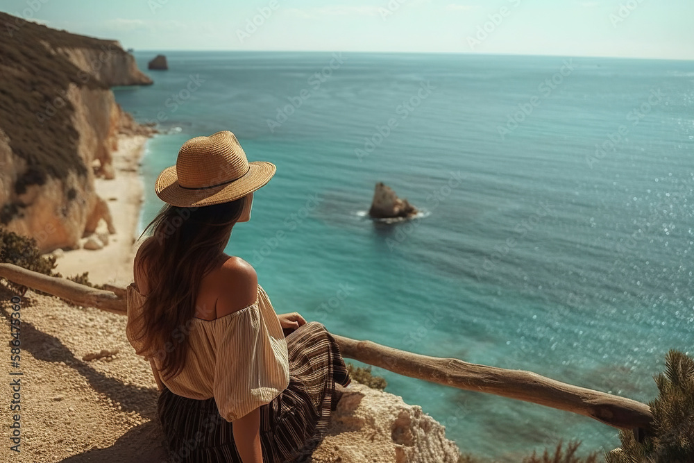 A Woman on Top of a Cliff Enjoys the Fantastic Landscapes of the Portuguese Coast in the Algarve - AI Generative