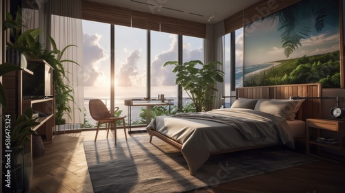 Modern bedroom interior, windows overlooking the infinity Sea. Generative AI Technology  © Dniel