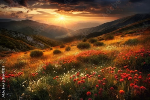 colorful sunset over a meadow of blooming wildflowers. Generative AI