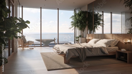 Modern bedroom interior, windows overlooking the infinity Sea. Generative AI Technology 