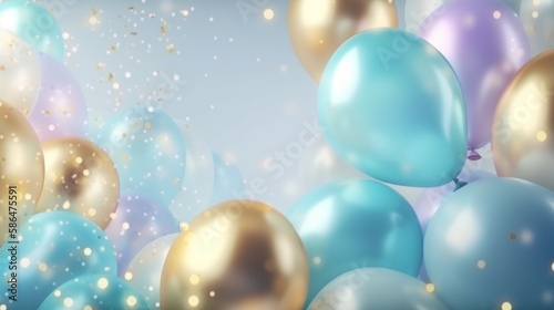 Festive background, Golden and blue balloons falling with confetti. Generative AI.