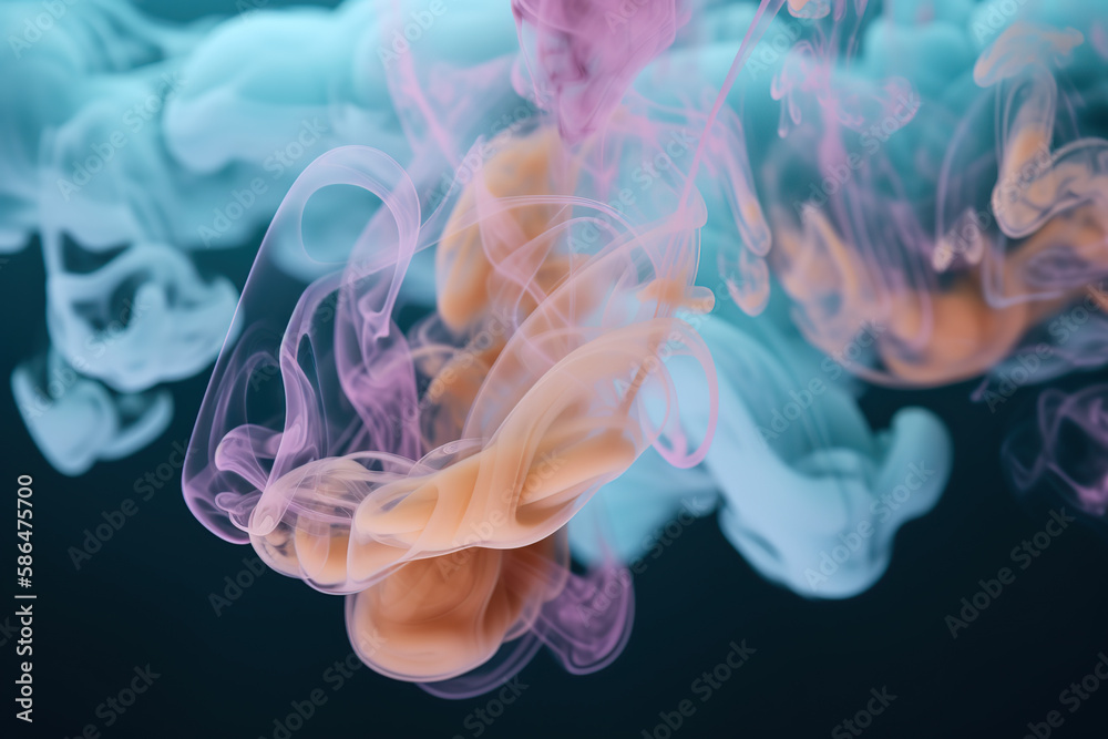 Fototapeta premium Abstract Modern black Background with 3D Wave smoke, violet, Orange, and blue color, illustration generative AI.